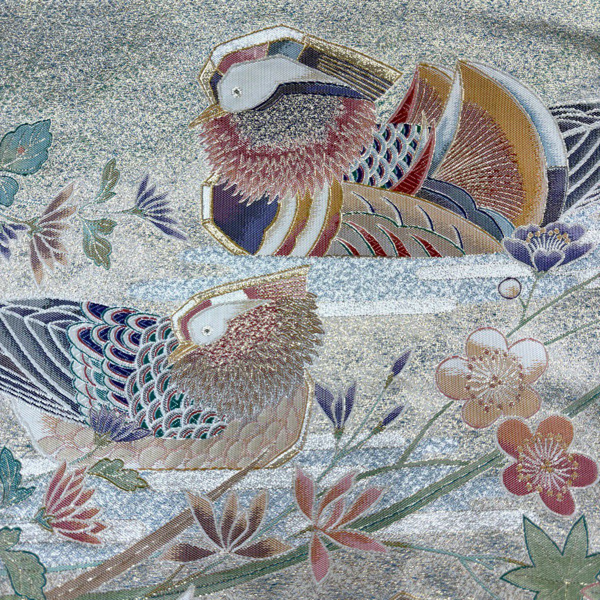 【美品】 袋帶 逸品級 鴛鴦 枝梅花 金金箔 淺綠 お太鼓圖案 純蠶絲