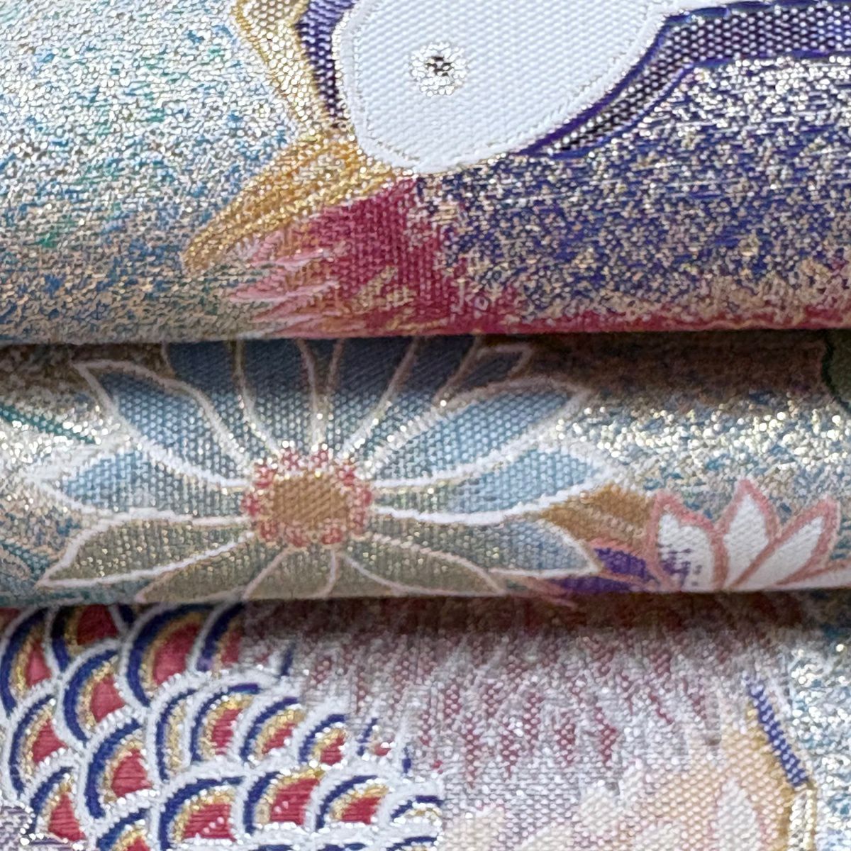 【美品】 袋帶 逸品級 鴛鴦 枝梅花 金金箔 淺綠 お太鼓圖案 純蠶絲