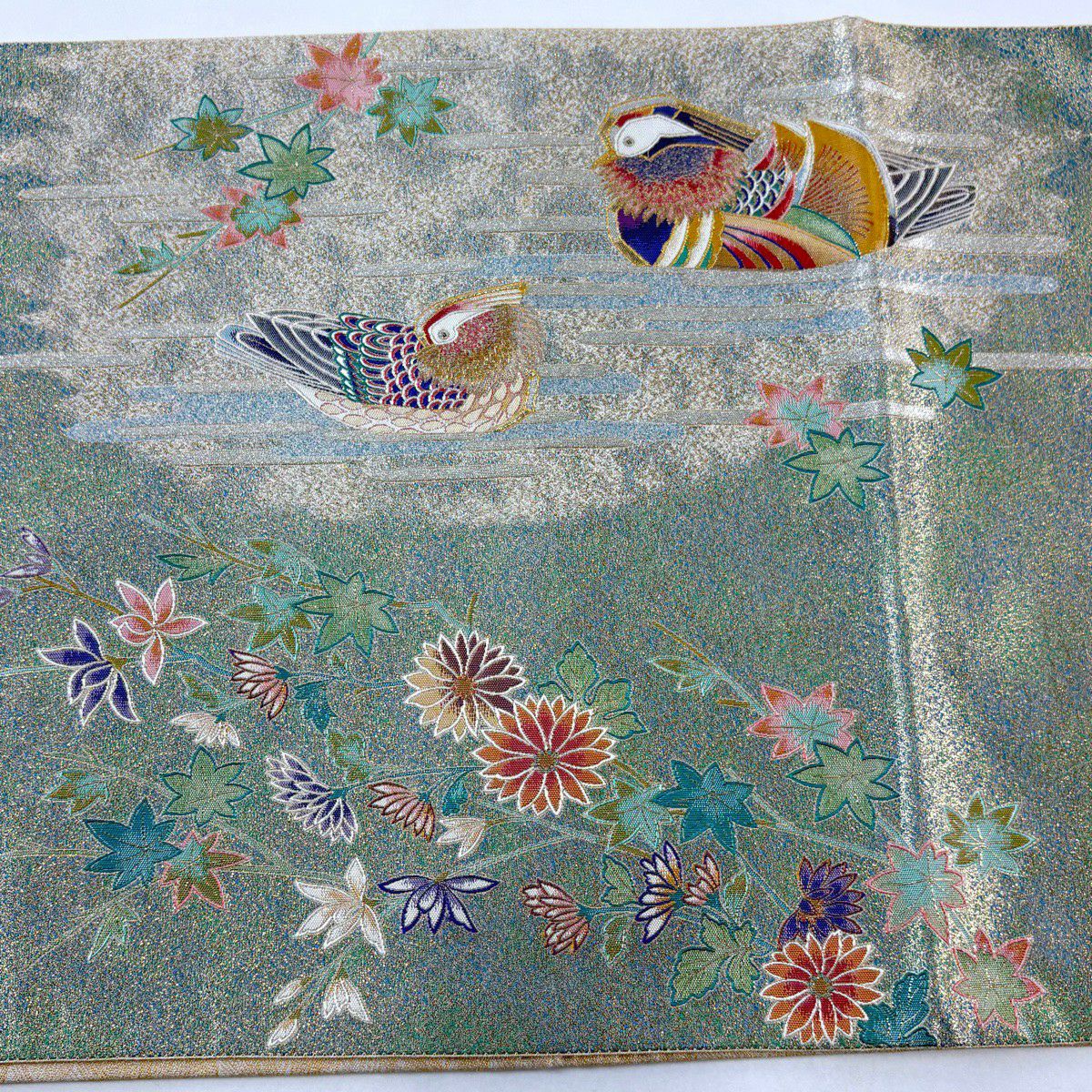 【美品】 袋帶 逸品級 鴛鴦 枝梅花 金金箔 淺綠 お太鼓圖案 純蠶絲