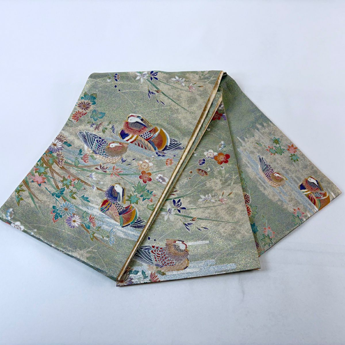 【美品】 袋帶 逸品級 鴛鴦 枝梅花 金金箔 淺綠 お太鼓圖案 純蠶絲