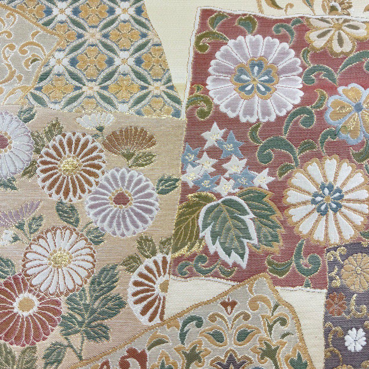 【美品】 袋帶 逸品級 壹千八百超極細織 唐花色紙散 金銀糸 金金箔 米色 六通 純蠶絲