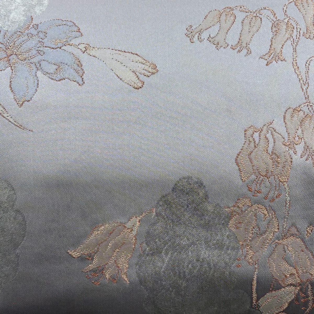 袋帶 逸品級 大脇一心 落款 草花紋 雲文 金金箔 灰紫 六通 純蠶絲
