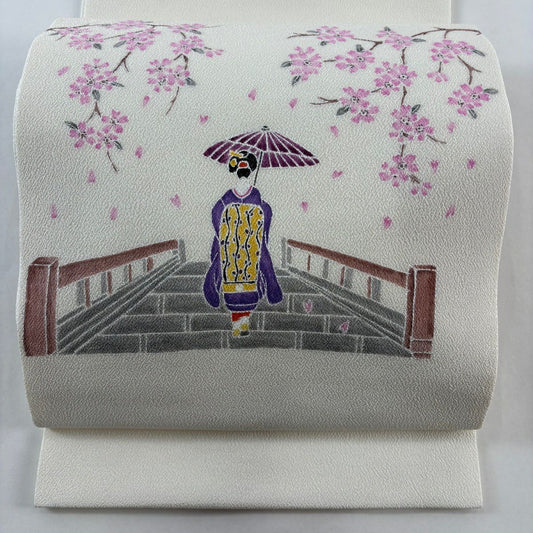 【美品】 開口名古屋帶 逸品級 落款 人物 櫻花 縮緬 純蠶絲