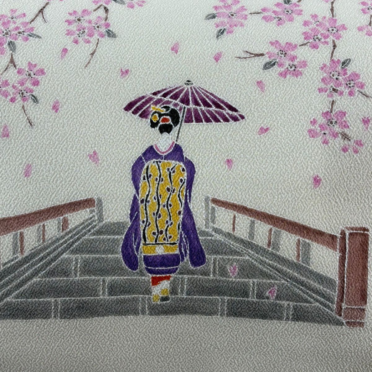【美品】 開口名古屋帶 逸品級 落款 人物 櫻花 縮緬 純蠶絲