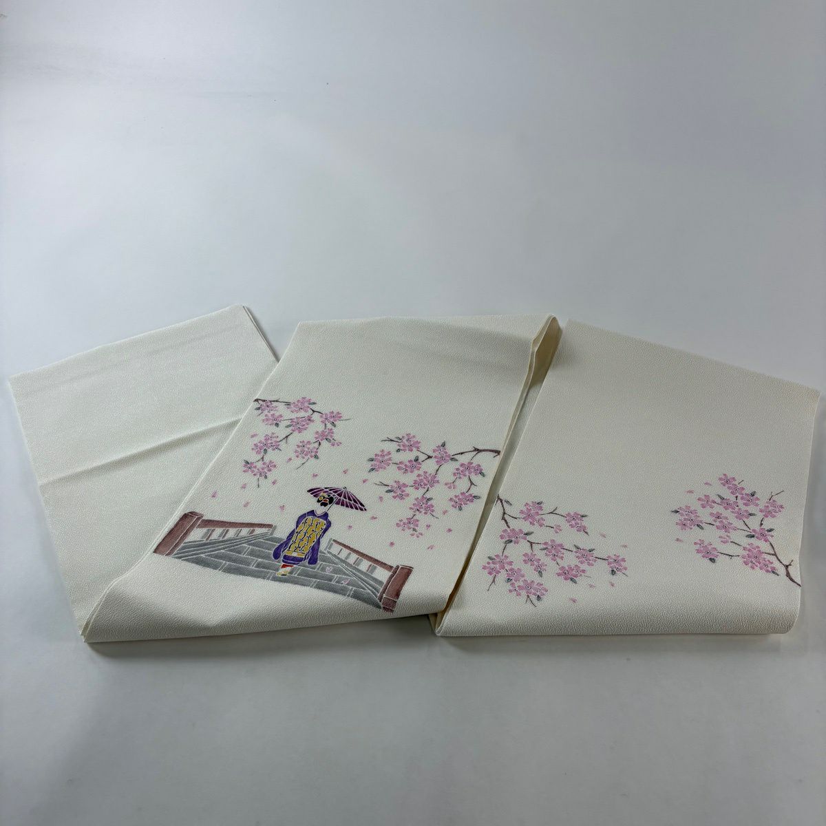 【美品】 開口名古屋帶 逸品級 落款 人物 櫻花 縮緬 純蠶絲