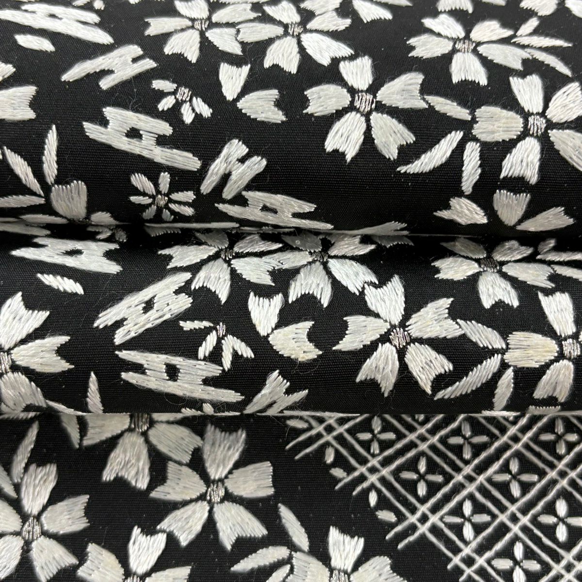 袋帶 逸品級 櫻花 菱形 刺繡 銀線 黑色 六通 純蠶絲