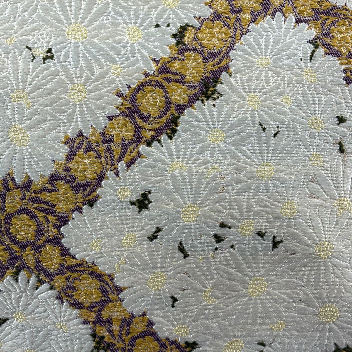 【美品】 袋帶 逸品級 山口美術織物 落款あり 菊花 花唐草紋 金糸 奶油色 お太鼓柄 純蠶絲