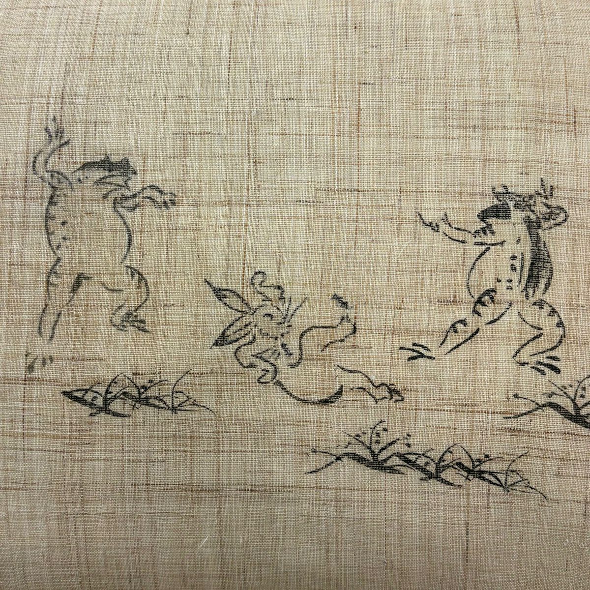 名古屋帶 逸品級 夏紬織 鳥獸戲畫 薄茶 麻