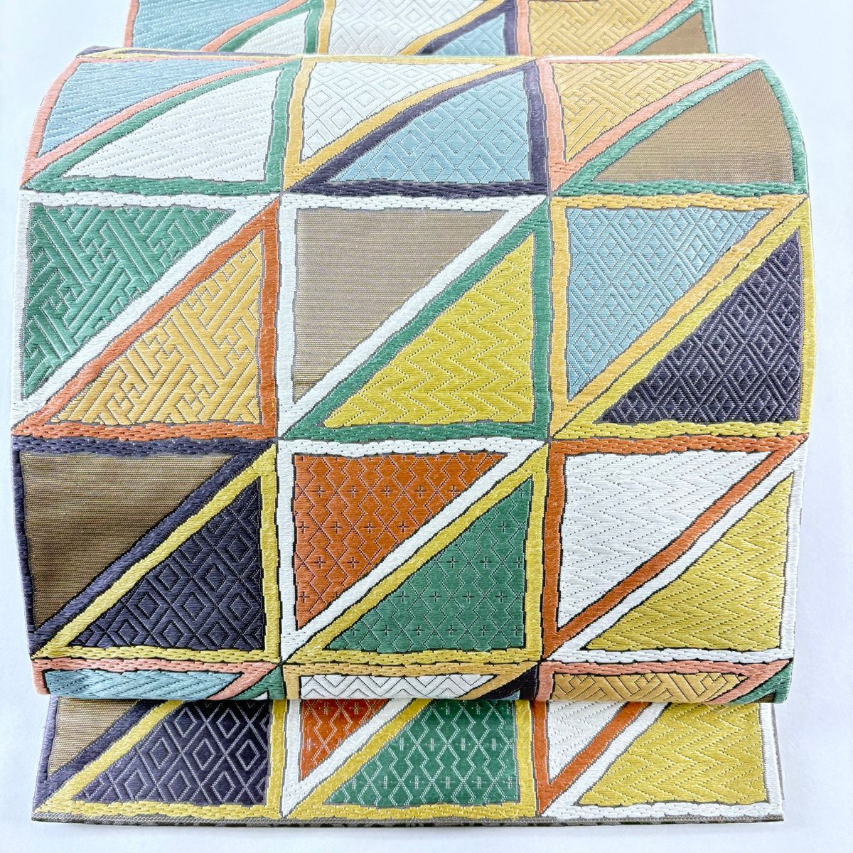 袋帶 逸品級 格子 幾何圖案 唐織 金金箔 金茶 六通 純蠶絲