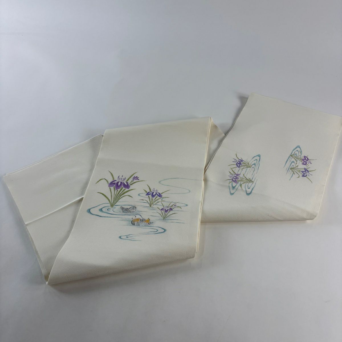 開口名古屋帶 逸品級 附有落款 鴛鴦 菖蒲 奶油色 純蠶絲