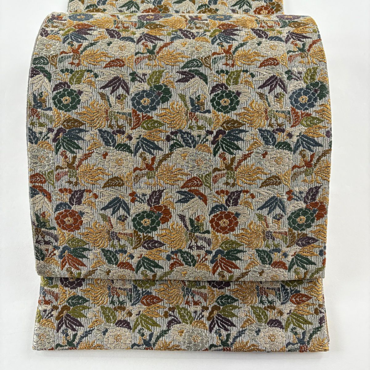 【美品】 袋帶 逸品級 有落款 綴錦 織屋宗麟 鳳凰 草花紋 金絲 銀絲 灰 深藍 六通 純蠶絲
