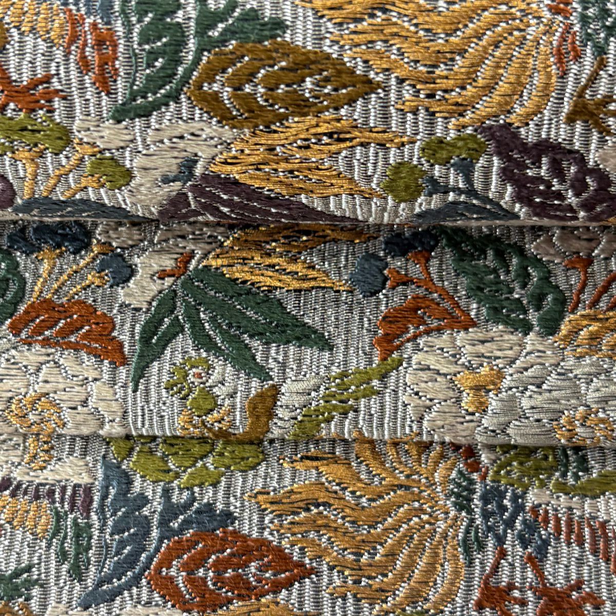 【美品】 袋帶 逸品級 有落款 綴錦 織屋宗麟 鳳凰 草花紋 金絲 銀絲 灰 深藍 六通 純蠶絲