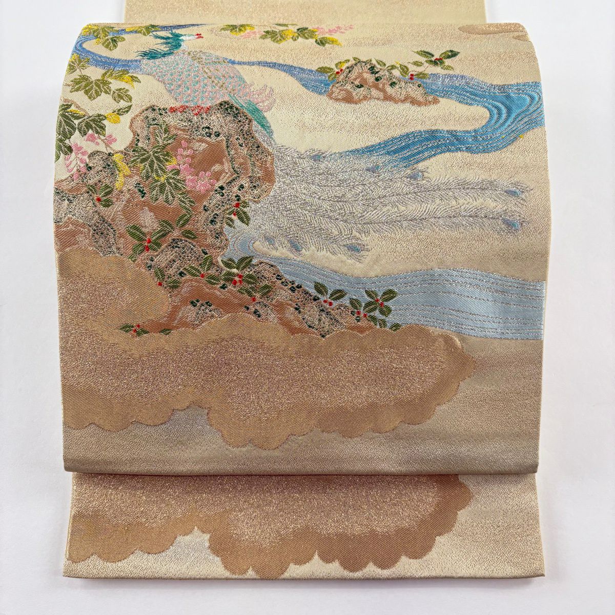 【美品】 袋帶 逸品級 龍村晋 落款 鳳凰 流水 金絲 金金箔 米色 お太鼓圖案 純蠶絲