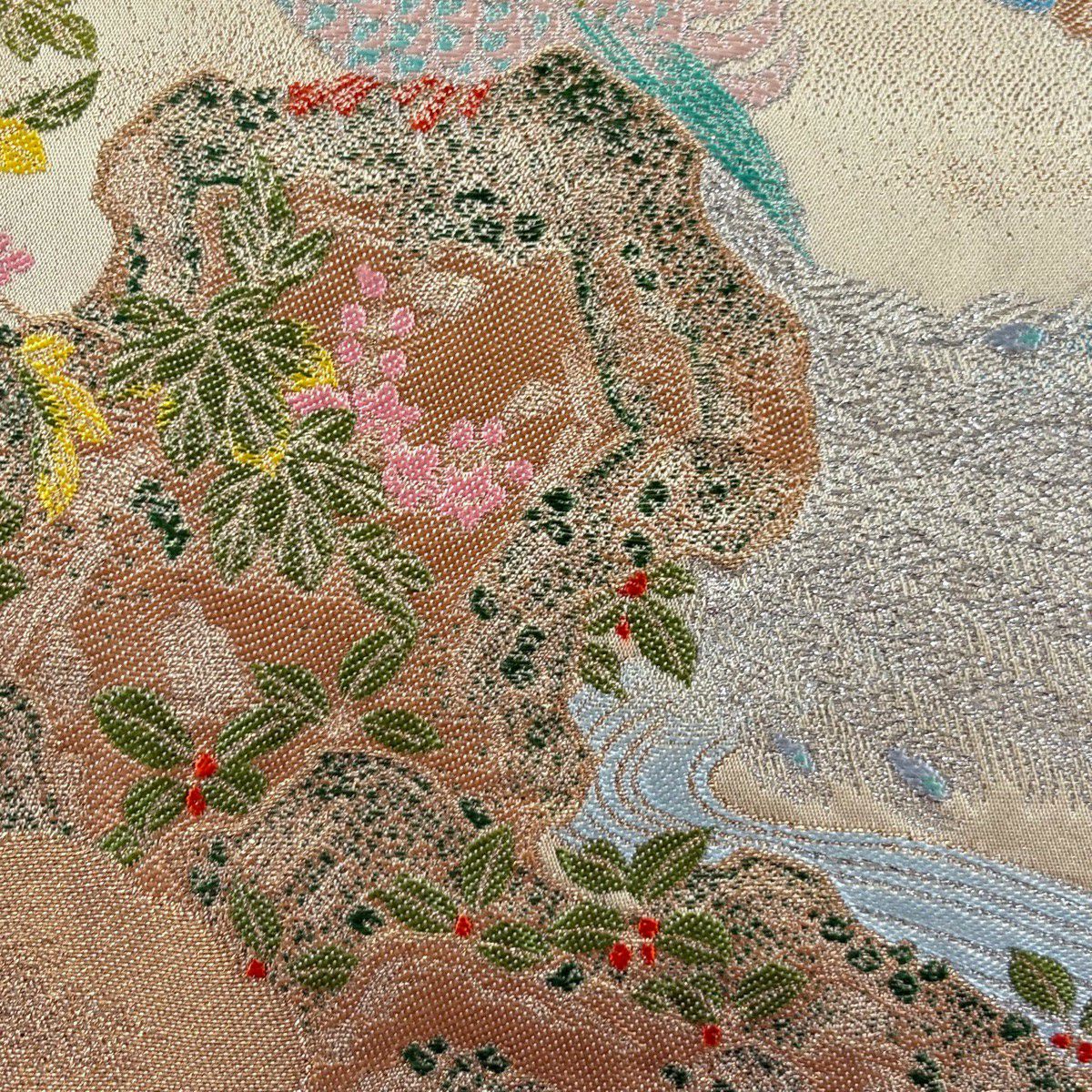 【美品】 袋帶 逸品級 龍村晋 落款 鳳凰 流水 金絲 金金箔 米色 お太鼓圖案 純蠶絲