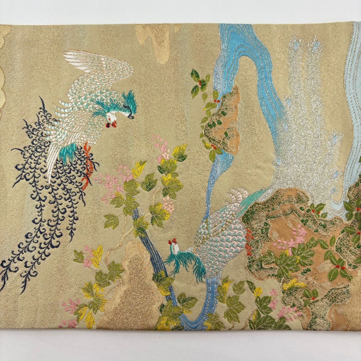 【美品】 袋帶 逸品級 龍村晋 落款 鳳凰 流水 金絲 金金箔 米色 お太鼓圖案 純蠶絲