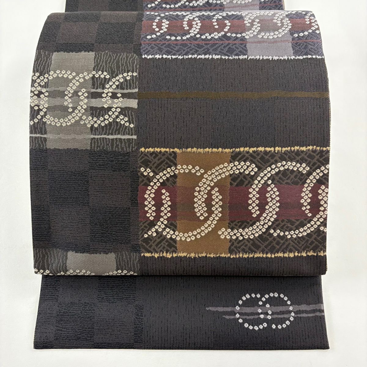 【美品】 袋帶 逸品級 とみや織物 落款あり 雙面 輪繞 花唐草紋 金絲 墨 六通 純蠶絲