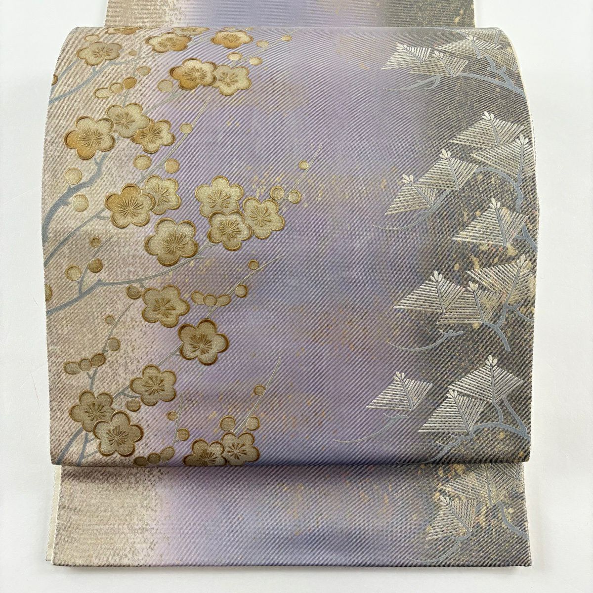 袋帶 逸品級 和田光正 落款 あり 梅花 若松樹 金銀彩 金金箔 薄紫 お太鼓柄 純蠶絲