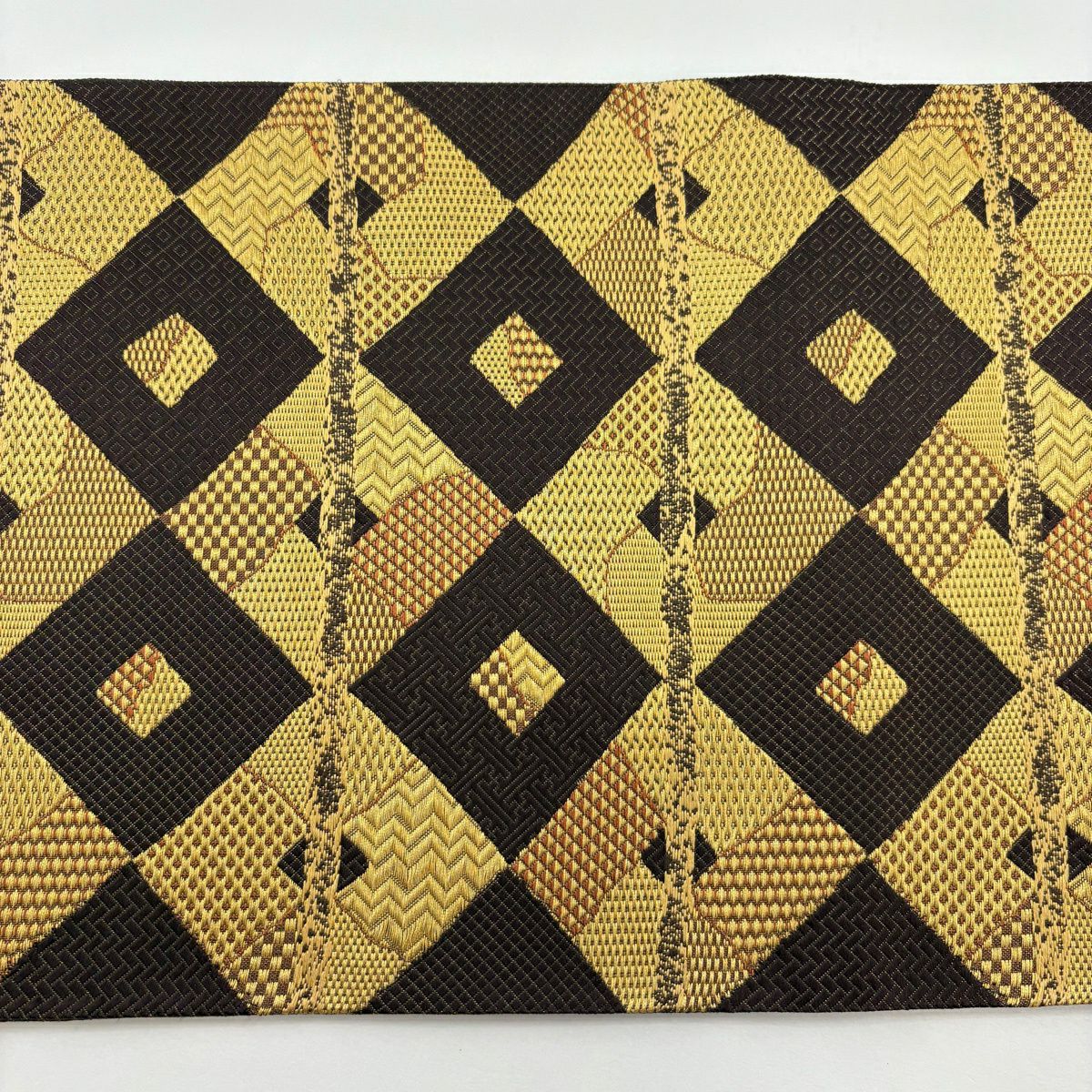 【美品】 袋帶 逸品級 誉田屋源兵衛 落款 菱文 縞紋 金絲 焦茶 六通 純蠶絲