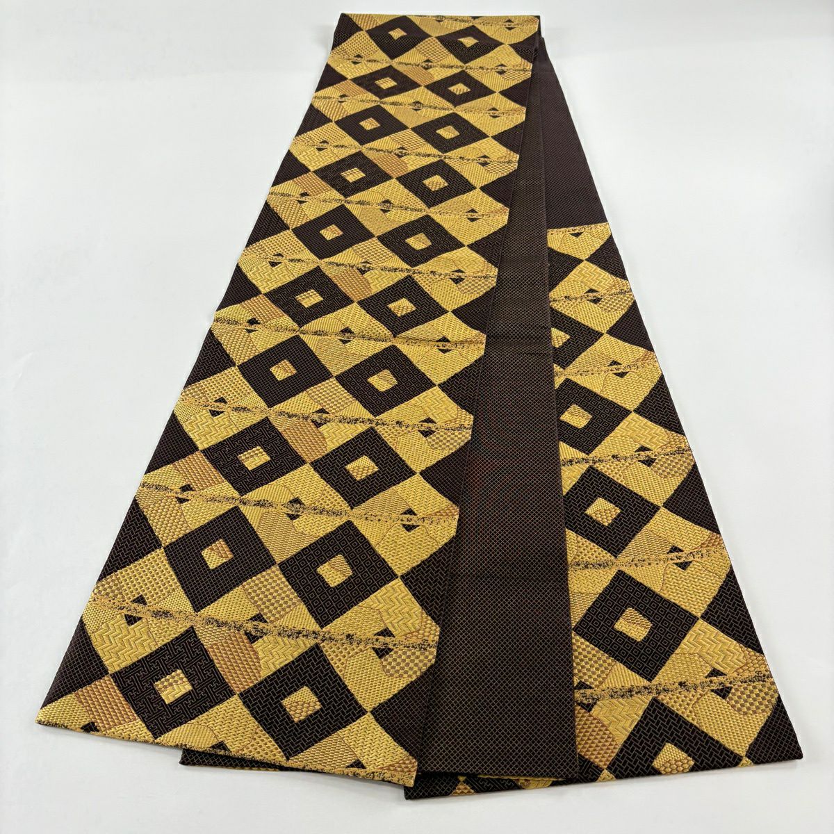 【美品】 袋帶 逸品級 誉田屋源兵衛 落款 菱文 縞紋 金絲 焦茶 六通 純蠶絲