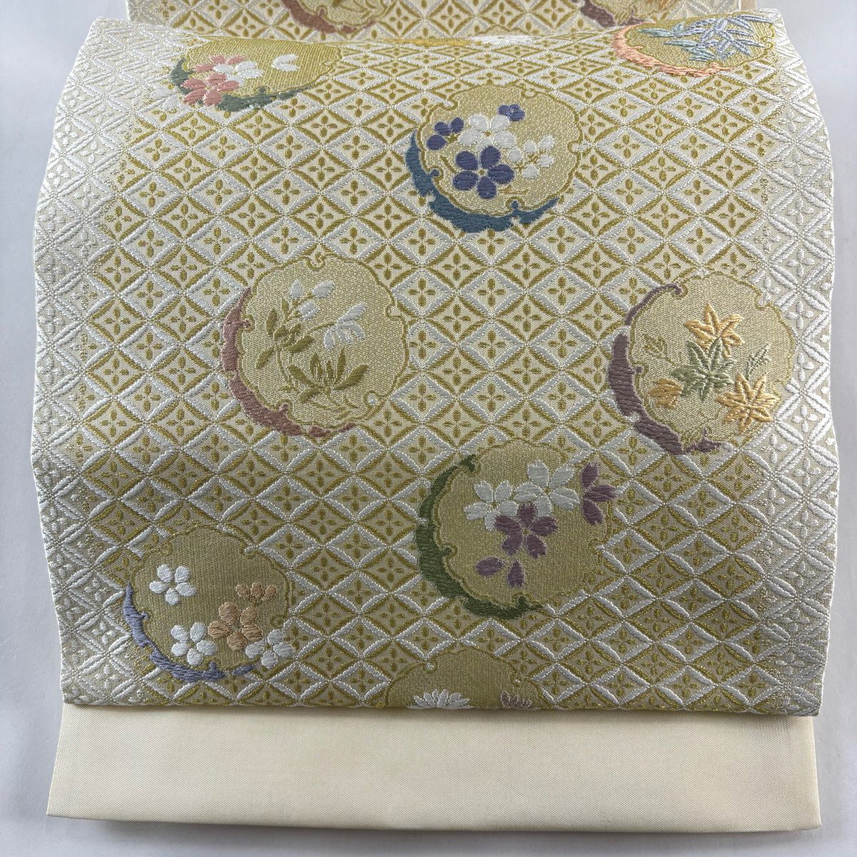 袋帶 逸品級 證書齊全 雪月花 雪輪 梅花 金絲 刺繡 奶油 六通 純蠶絲