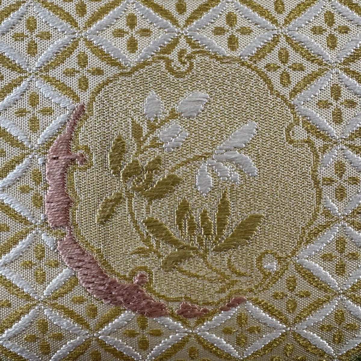 袋帶 逸品級 證書齊全 雪月花 雪輪 梅花 金絲 刺繡 奶油 六通 純蠶絲