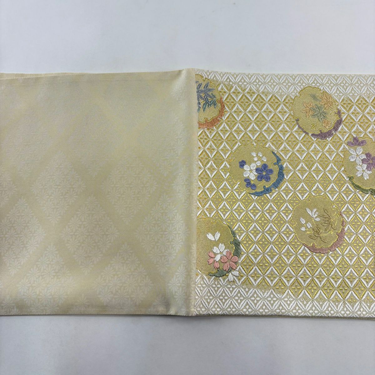 袋帶 逸品級 證書齊全 雪月花 雪輪 梅花 金絲 刺繡 奶油 六通 純蠶絲