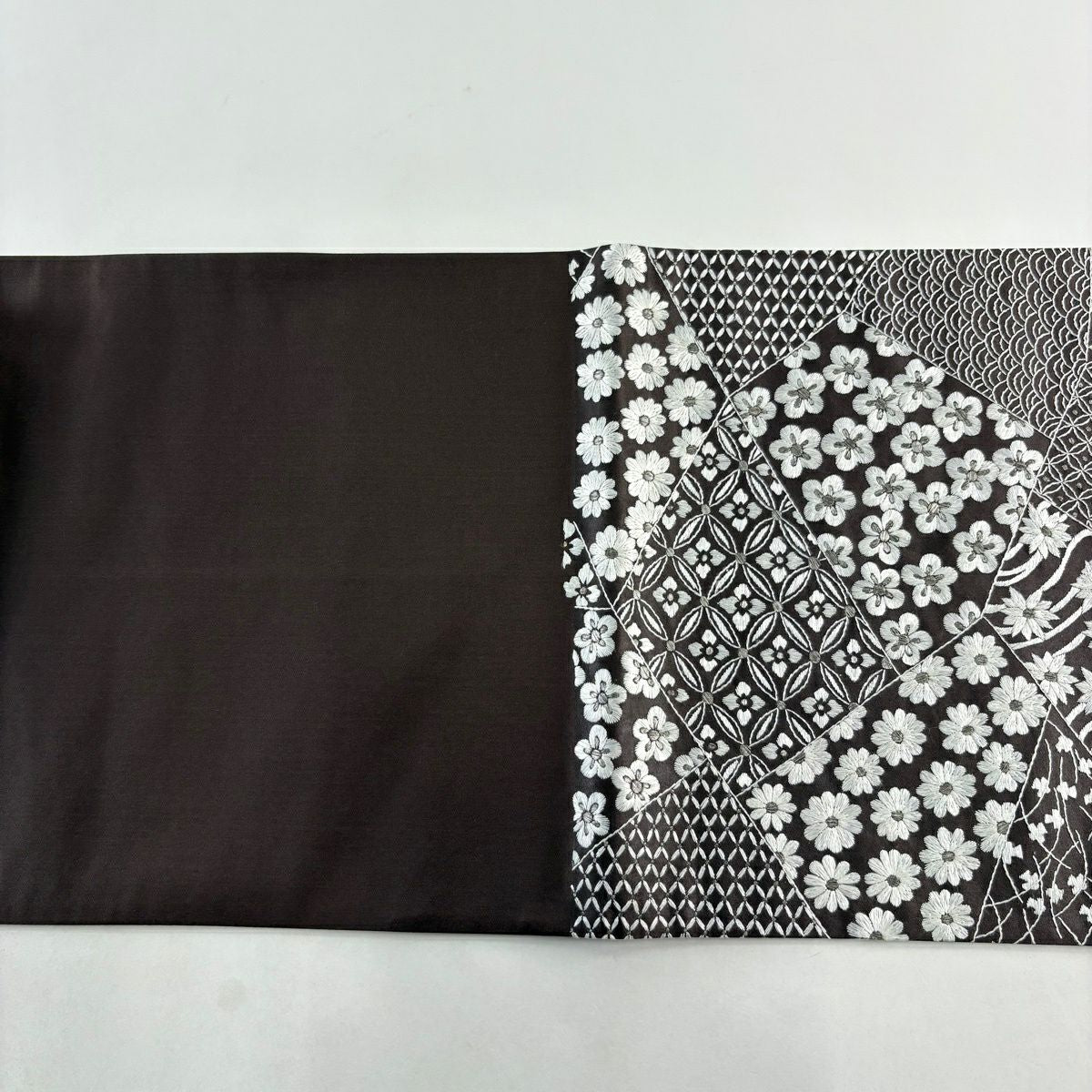 袋帶 逸品級 寄花紋 梅花 銀線 刺繡 墨 黑 六通 純蠶絲