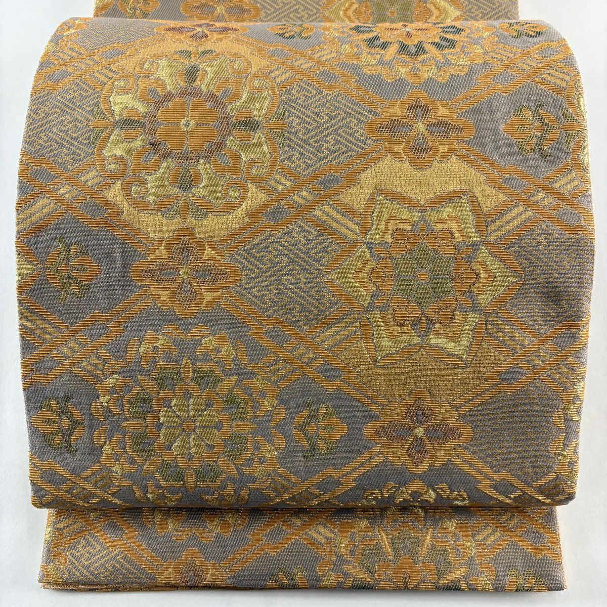 【美品】 袋帶 逸品級 華紋 紗綾形 金絲 金金箔 灰 深藍