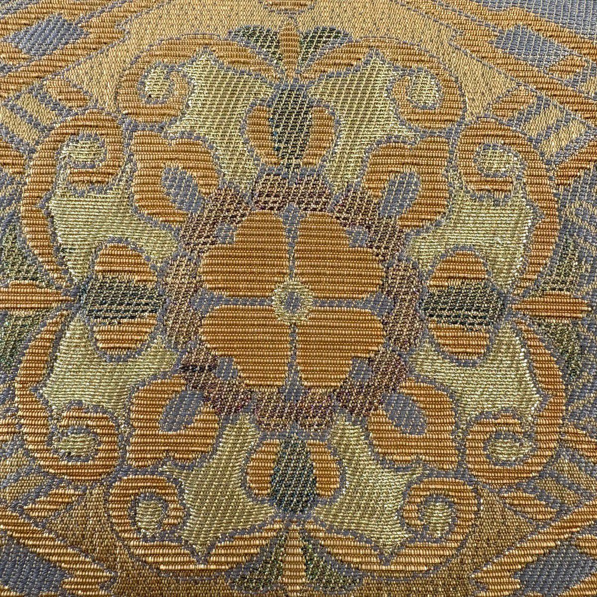 【美品】 袋帶 逸品級 華紋 紗綾形 金絲 金金箔 灰 深藍