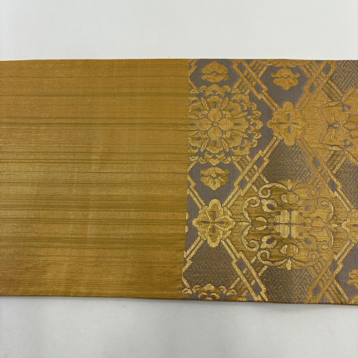 【美品】 袋帶 逸品級 華紋 紗綾形 金絲 金金箔 灰 深藍