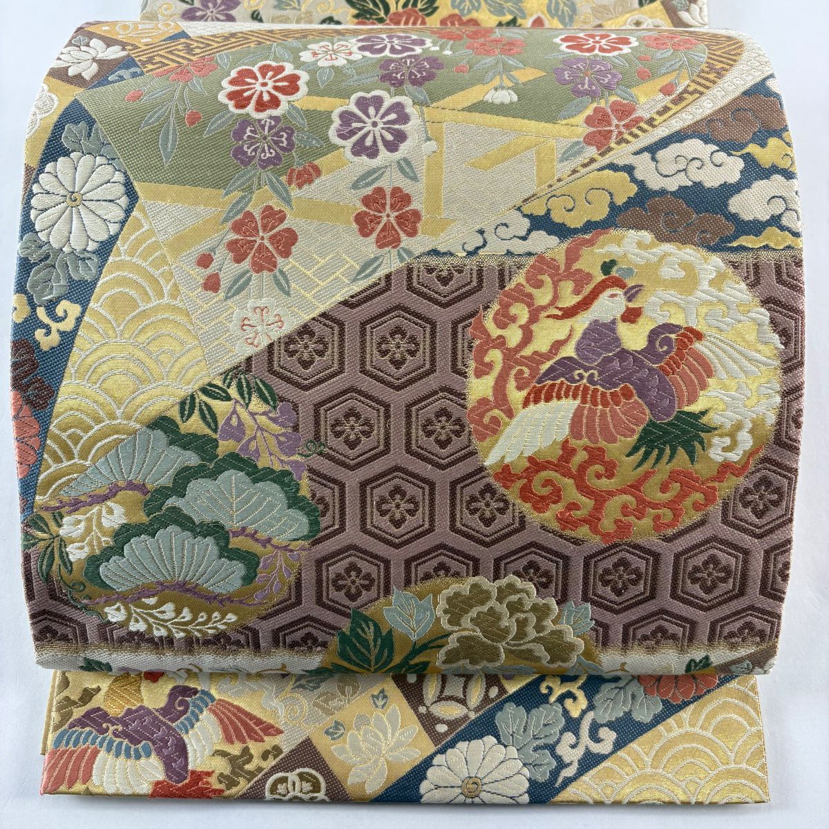 袋帶 逸品級 京藝 伊豆藏賢三謹製 花鳥 有職紋樣 金金箔 唐織 金色 六通 純蠶絲