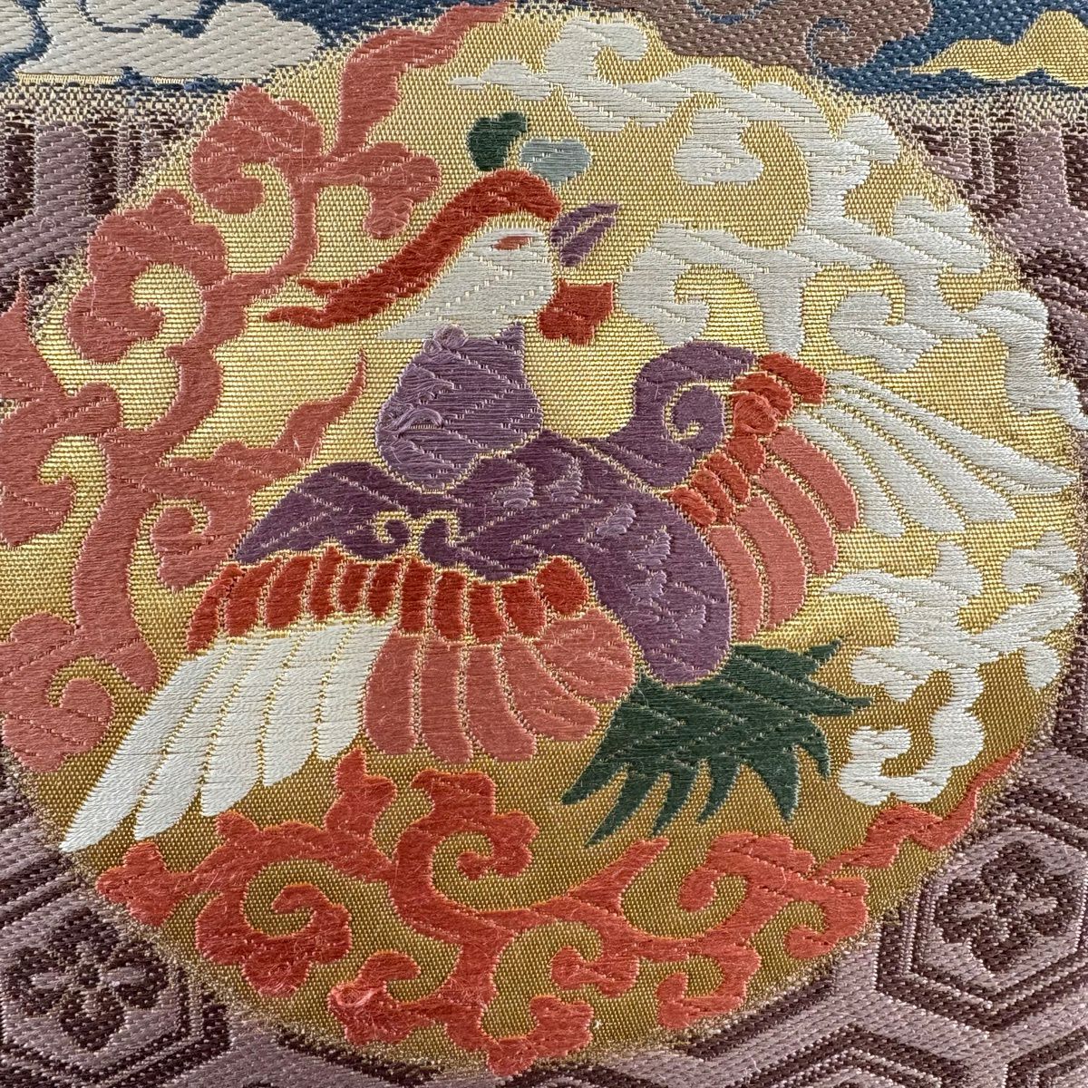 袋帶 逸品級 京藝 伊豆藏賢三謹製 花鳥 有職紋樣 金金箔 唐織 金色 六通 純蠶絲