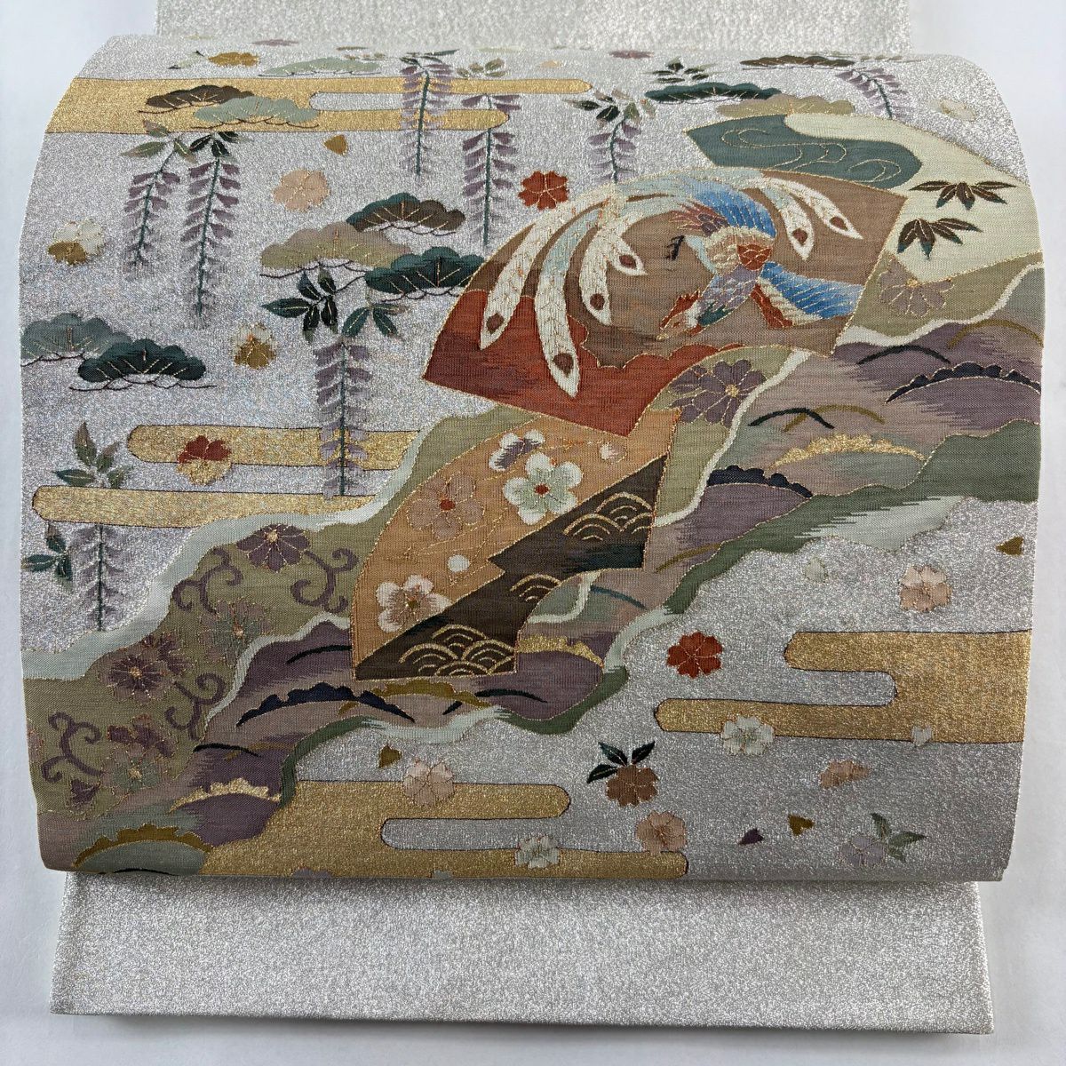 袋帶 逸品級 扇子面 松樹 金銀絲 綴織 銀色 大鼓圖案 純蠶絲