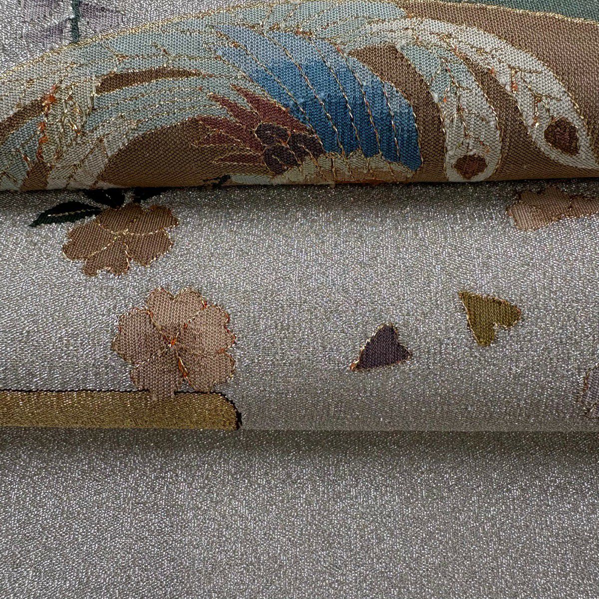 袋帶 逸品級 扇子面 松樹 金銀絲 綴織 銀色 大鼓圖案 純蠶絲