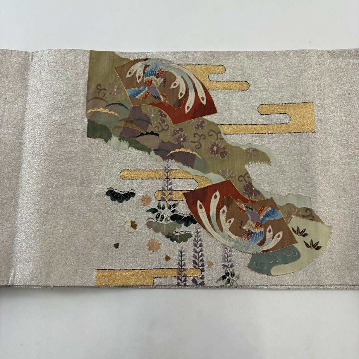 袋帶 逸品級 扇子面 松樹 金銀絲 綴織 銀色 大鼓圖案 純蠶絲
