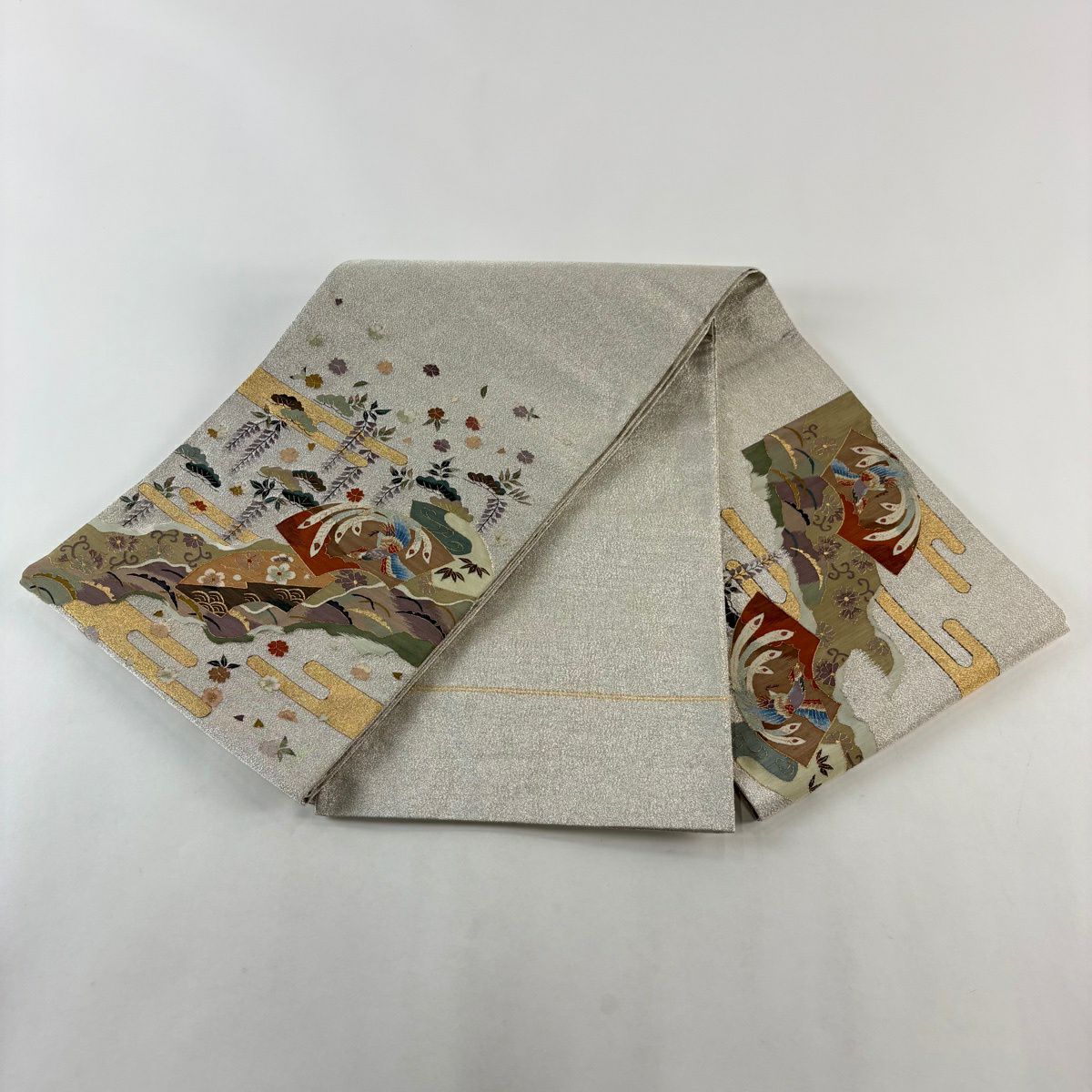 袋帶 逸品級 扇子面 松樹 金銀絲 綴織 銀色 大鼓圖案 純蠶絲