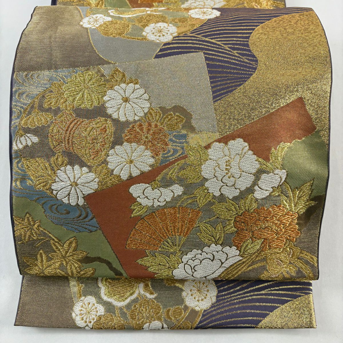 【美品】 袋帶 逸品級 川島織物 落款 花丸紋 波 金絲 金金箔 紫 六通 純蠶絲
