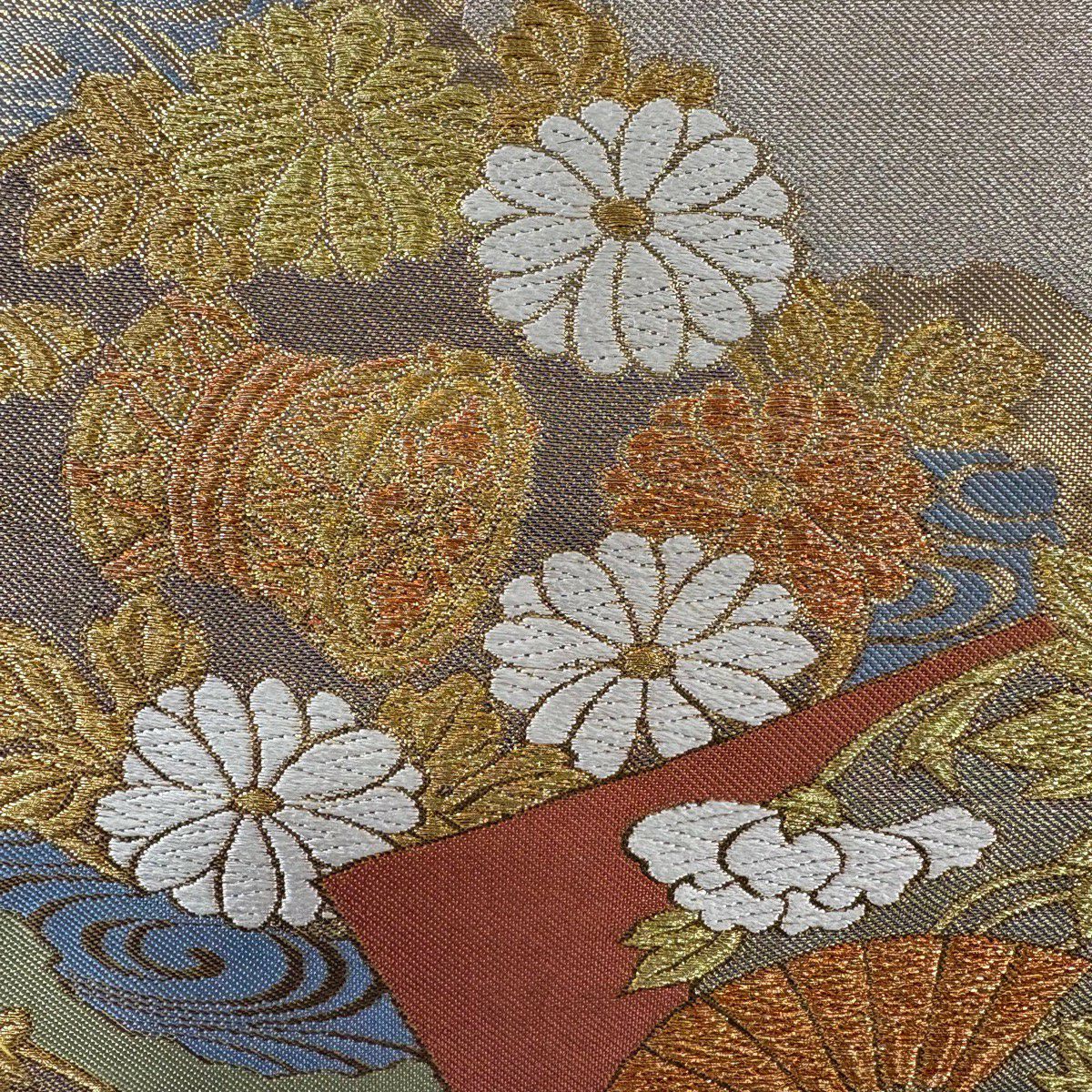 【美品】 袋帶 逸品級 川島織物 落款 花丸紋 波 金絲 金金箔 紫 六通 純蠶絲
