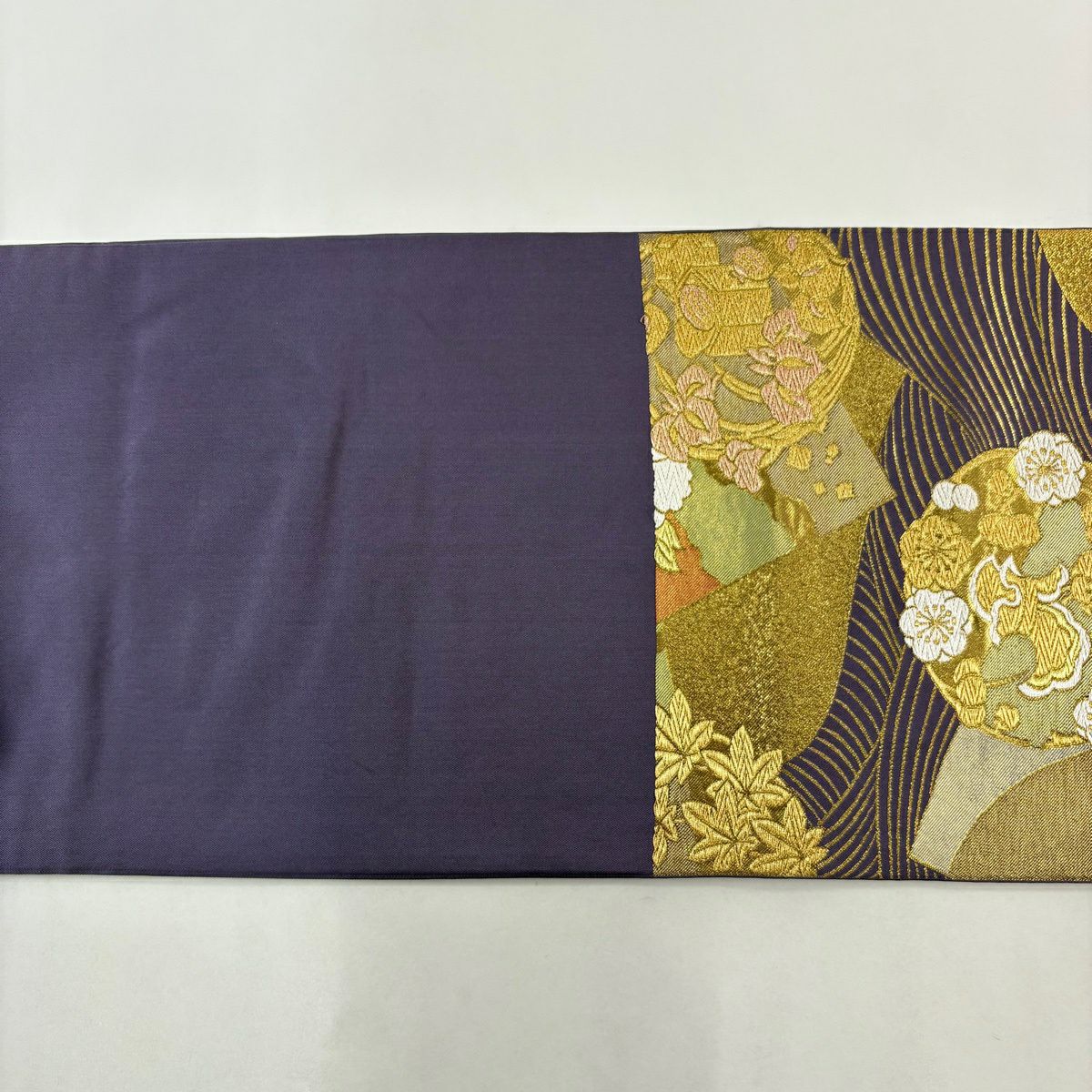 【美品】 袋帶 逸品級 川島織物 落款 花丸紋 波 金絲 金金箔 紫 六通 純蠶絲