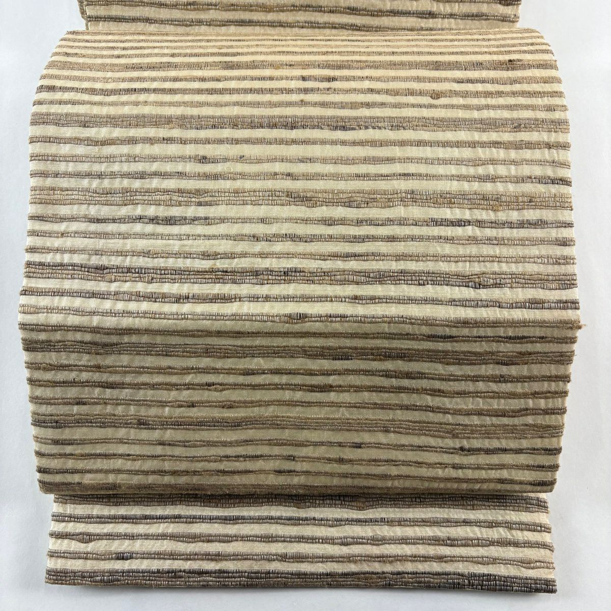 袋帶 逸品級 證書齊全 野蠶布 條紋 淺茶 全通 純蠶絲