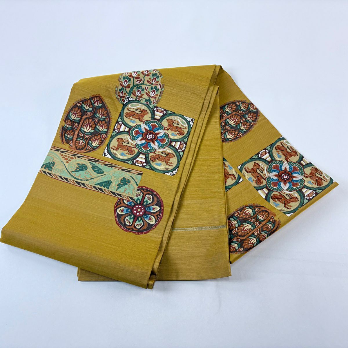 【美品】 袋帶 逸品級 華紋 動物 山吹 深藍色 お太鼓圖案 純蠶絲