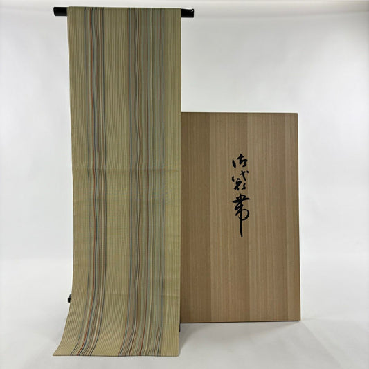 名古屋帶 逸品級 附落款 附證書 小森草木染工房 小森久 博多織 松樹葉仕立 八寸名古屋帶 附共箱 夏帶 條紋 灰綠 純蠶絲