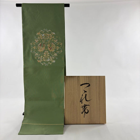 名古屋帶 逸品級 附有落款 松樹葉仕立 八寸名古屋帶 西陣淺田綴 附有共箱 唐花鳳凰 金銀彩 淡綠 純蠶絲