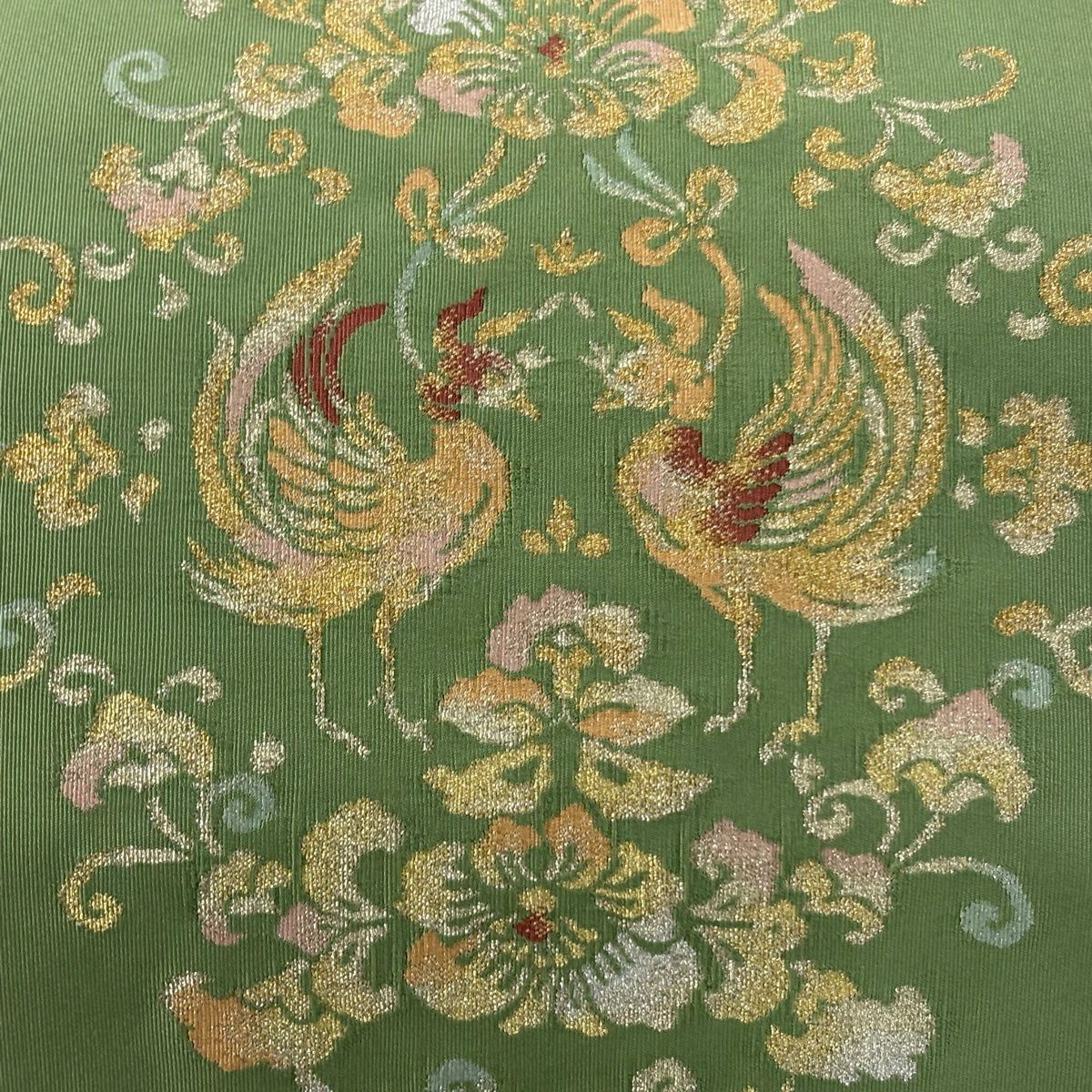 名古屋帶 逸品級 附有落款 松樹葉仕立 八寸名古屋帶 西陣淺田綴 附有共箱 唐花鳳凰 金銀彩 淡綠 純蠶絲