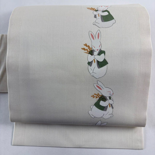 【美品】名古屋帶 逸品級 夏帶 兔子 稻子 奶油色 純蠶絲