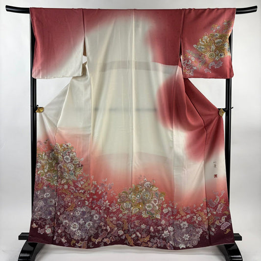 訪問服 身長165.5cm 袖長68.5cm L 雙層 吉乃一廉 落款あり 草花紋紋 銀通し 漸層 奶油色 純蠶絲 逸品級