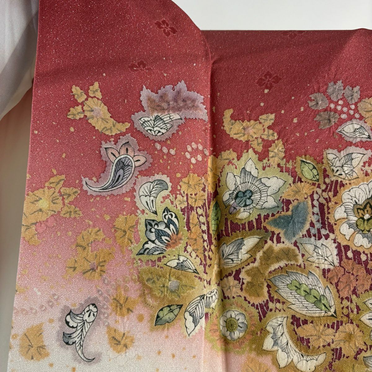 訪問服 身長165.5cm 袖長68.5cm L 雙層 吉乃一廉 落款あり 草花紋紋 銀通し 漸層 奶油色 純蠶絲 逸品級