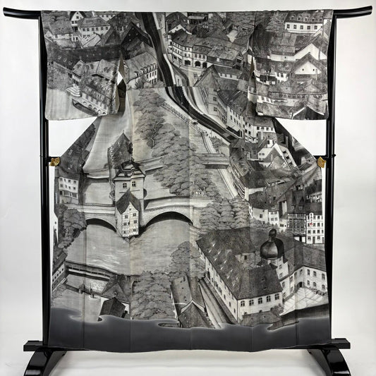 【美品】訪問服 身長161.5cm 袖長66cm M 雙層 山岡古都 落款あり 風景 建物 漸層 灰色 純蠶絲 逸品級
