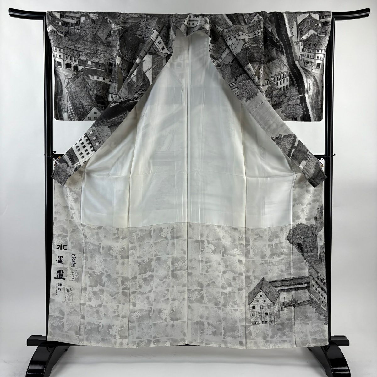 【美品】訪問服 身長161.5cm 袖長66cm M 雙層 山岡古都 落款あり 風景 建物 漸層 灰色 純蠶絲 逸品級