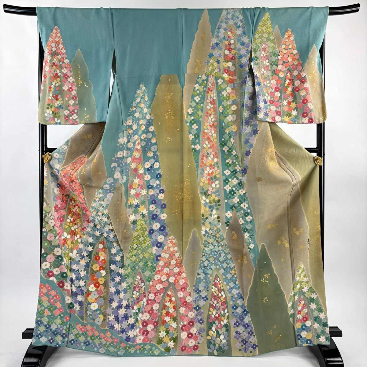 訪問服 身長168.5cm 袖長68.5cm L 雙層 松樹井青青 落款有 萩 草花紋紋 金絲 金銀彩 淺青綠 純蠶絲 逸品級